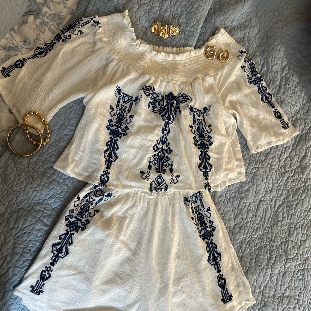 Embroidered White and Blue women’s attached romper
